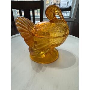Vtg LE Smith 7" Amber Tom Turkey Glass Lidded Covered Candy Dish MCM 1960s?